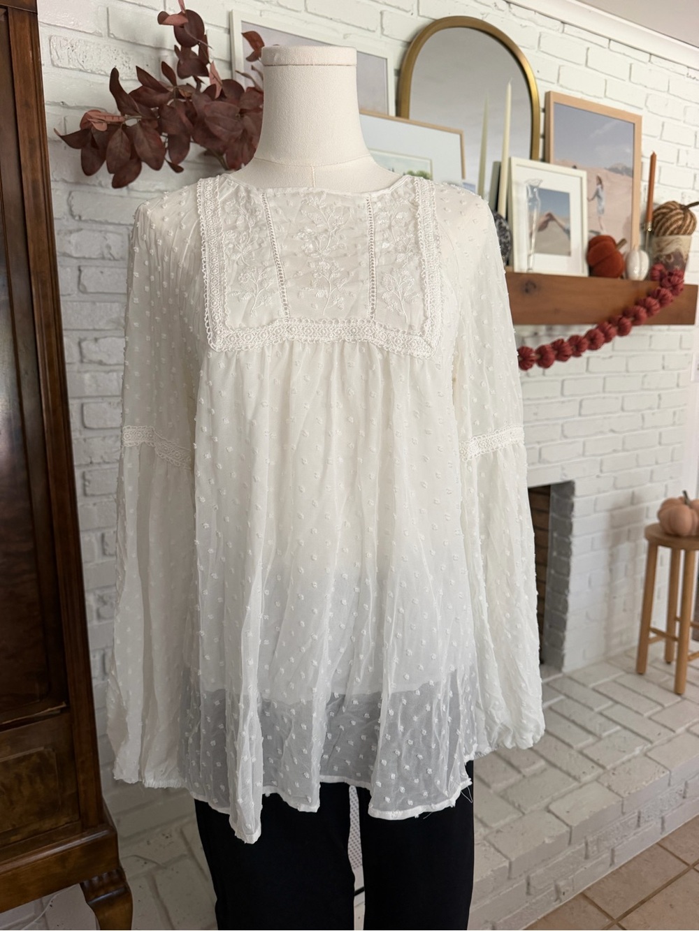 Delicate White Swiss Dot Lace-Trim Blouse